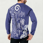 New Zealand Sea Animals with Maori Tribal Tattoo Button Sweatshirt Blue Color
