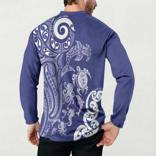 New Zealand Sea Animals with Maori Tribal Tattoo Button Sweatshirt Blue Color