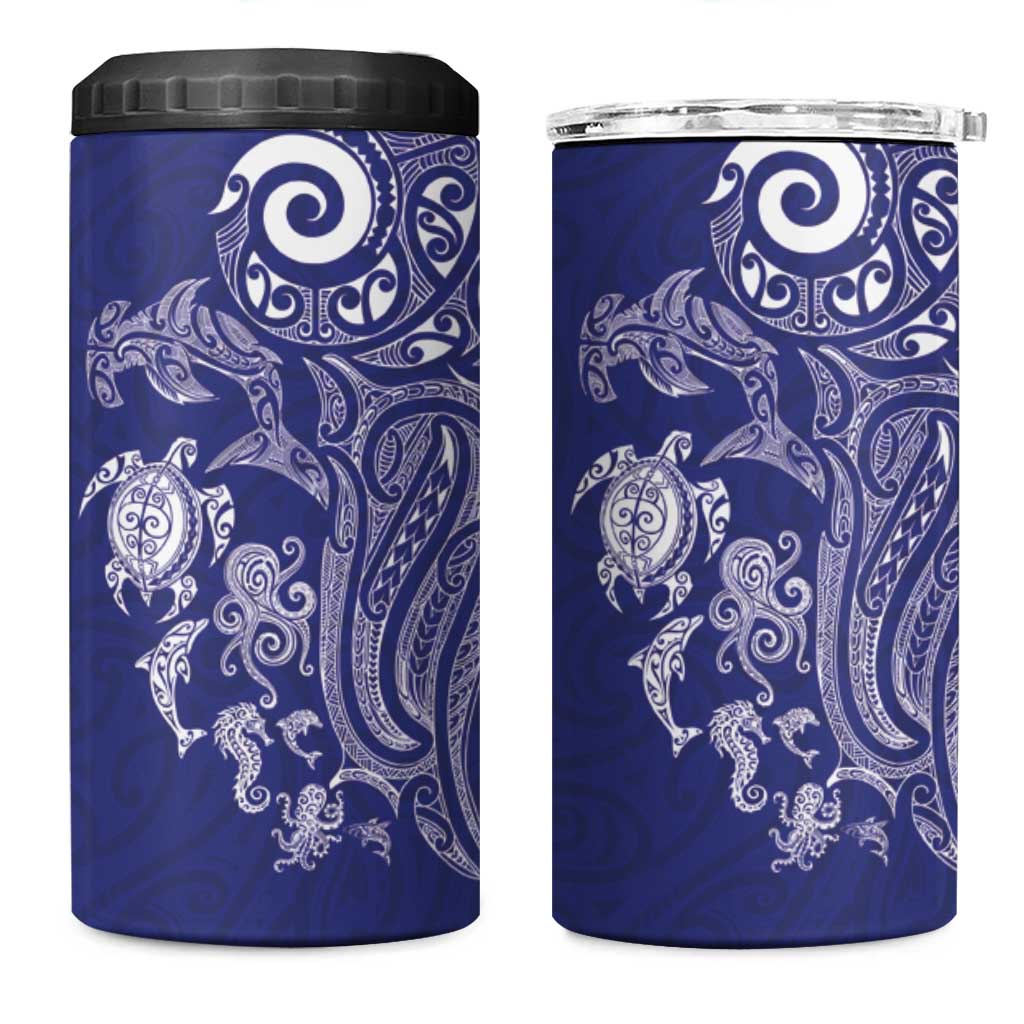 New Zealand Sea Animals with Maori Tribal Tattoo 4 in 1 Can Cooler Tumbler Blue Color