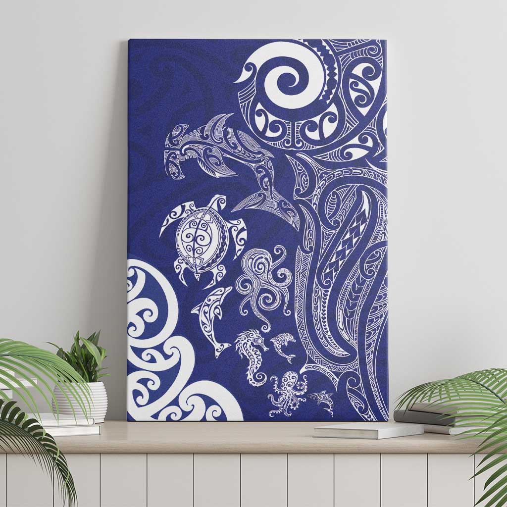 New Zealand Sea Animals with Maori Tribal Tattoo Canvas Wall Art Blue Color