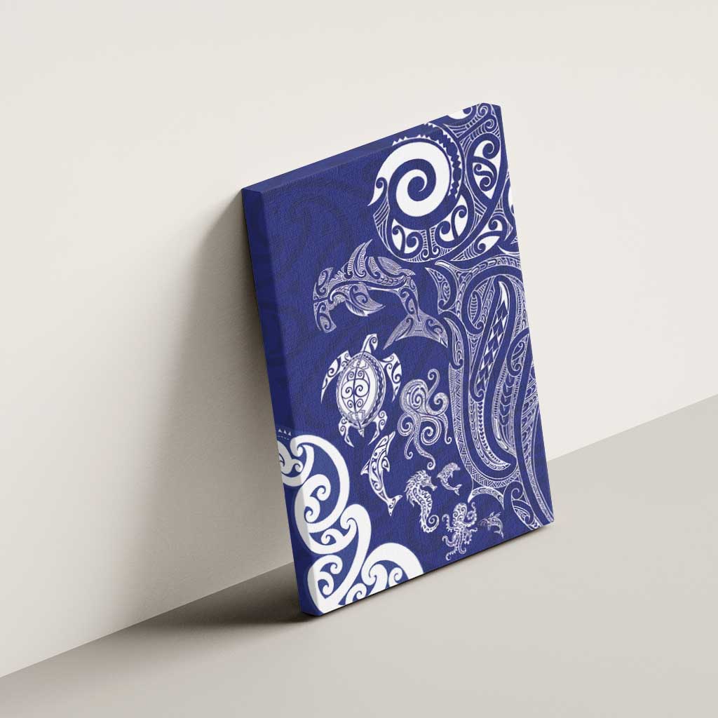New Zealand Sea Animals with Maori Tribal Tattoo Canvas Wall Art Blue Color