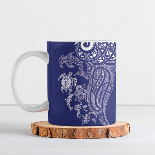 New Zealand Sea Animals with Maori Tribal Tattoo Ceramic Mug Blue Color