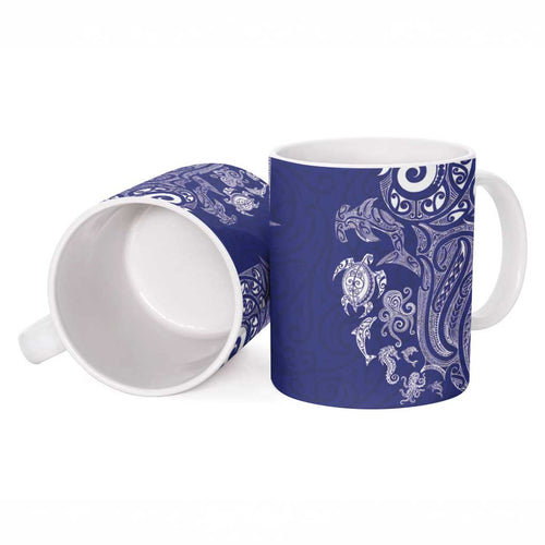 New Zealand Sea Animals with Maori Tribal Tattoo Ceramic Mug Blue Color