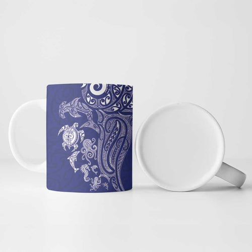 New Zealand Sea Animals with Maori Tribal Tattoo Ceramic Mug Blue Color