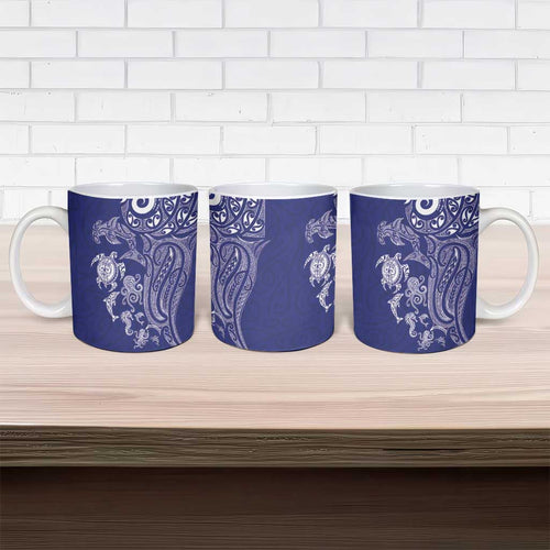 New Zealand Sea Animals with Maori Tribal Tattoo Ceramic Mug Blue Color