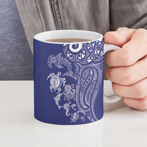 New Zealand Sea Animals with Maori Tribal Tattoo Ceramic Mug Blue Color