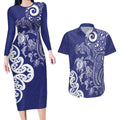 New Zealand Sea Animals with Maori Tribal Tattoo Couples Matching Long Sleeve Bodycon Dress and Hawaiian Shirt Blue Color