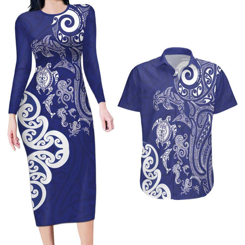 New Zealand Sea Animals with Maori Tribal Tattoo Couples Matching Long Sleeve Bodycon Dress and Hawaiian Shirt Blue Color
