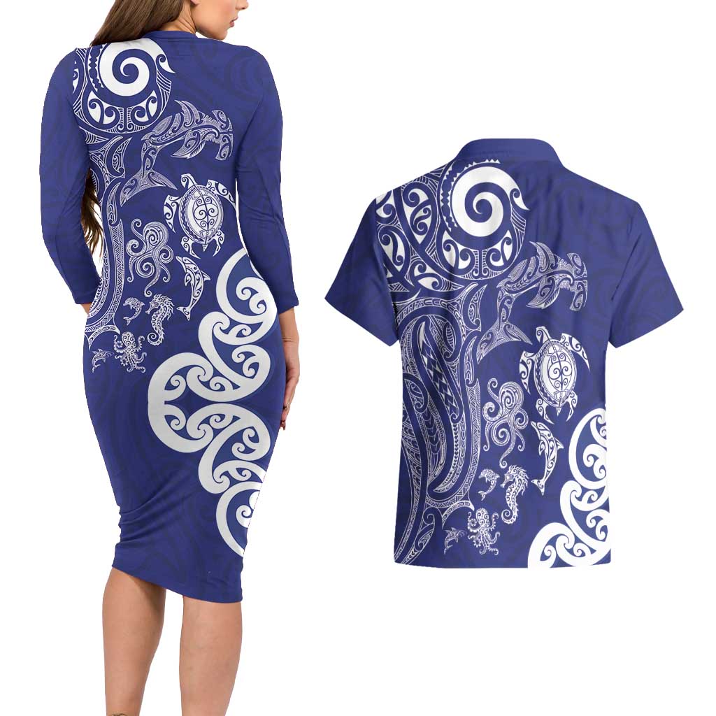 New Zealand Sea Animals with Maori Tribal Tattoo Couples Matching Long Sleeve Bodycon Dress and Hawaiian Shirt Blue Color