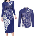 New Zealand Sea Animals with Maori Tribal Tattoo Couples Matching Long Sleeve Bodycon Dress and Long Sleeve Button Shirt Blue Color