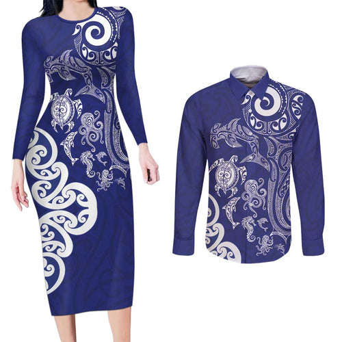 New Zealand Sea Animals with Maori Tribal Tattoo Couples Matching Long Sleeve Bodycon Dress and Long Sleeve Button Shirt Blue Color