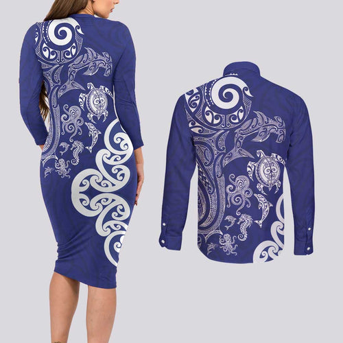 New Zealand Sea Animals with Maori Tribal Tattoo Couples Matching Long Sleeve Bodycon Dress and Long Sleeve Button Shirt Blue Color