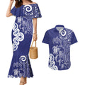 New Zealand Sea Animals with Maori Tribal Tattoo Couples Matching Mermaid Dress and Hawaiian Shirt Blue Color