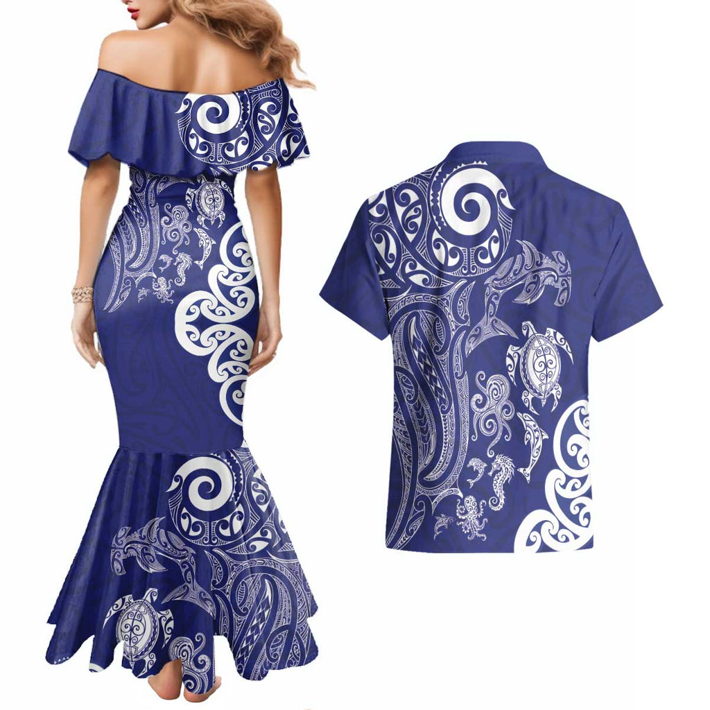 New Zealand Sea Animals with Maori Tribal Tattoo Couples Matching Mermaid Dress and Hawaiian Shirt Blue Color