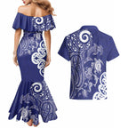 New Zealand Sea Animals with Maori Tribal Tattoo Couples Matching Mermaid Dress and Hawaiian Shirt Blue Color