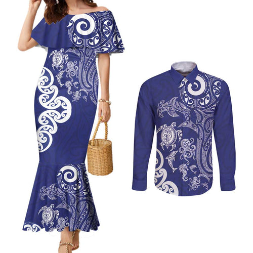 New Zealand Sea Animals with Maori Tribal Tattoo Couples Matching Mermaid Dress and Long Sleeve Button Shirt Blue Color