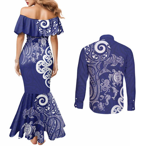 New Zealand Sea Animals with Maori Tribal Tattoo Couples Matching Mermaid Dress and Long Sleeve Button Shirt Blue Color
