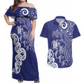 New Zealand Sea Animals with Maori Tribal Tattoo Couples Matching Off Shoulder Maxi Dress and Hawaiian Shirt Blue Color