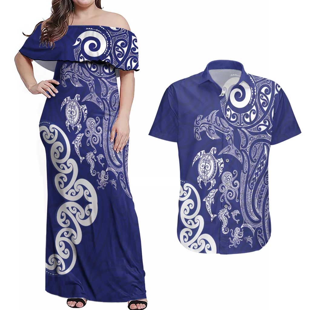 New Zealand Sea Animals with Maori Tribal Tattoo Couples Matching Off Shoulder Maxi Dress and Hawaiian Shirt Blue Color