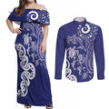 New Zealand Sea Animals with Maori Tribal Tattoo Couples Matching Off Shoulder Maxi Dress and Long Sleeve Button Shirt Blue Color