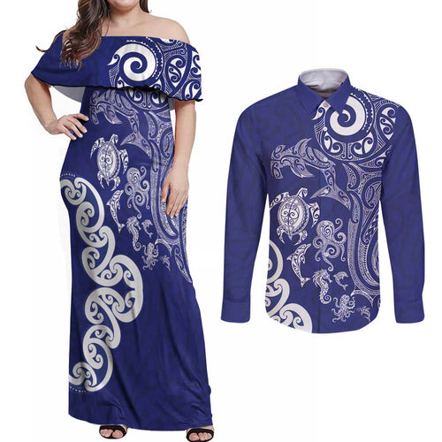 New Zealand Sea Animals with Maori Tribal Tattoo Couples Matching Off Shoulder Maxi Dress and Long Sleeve Button Shirt Blue Color