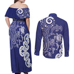 New Zealand Sea Animals with Maori Tribal Tattoo Couples Matching Off Shoulder Maxi Dress and Long Sleeve Button Shirt Blue Color