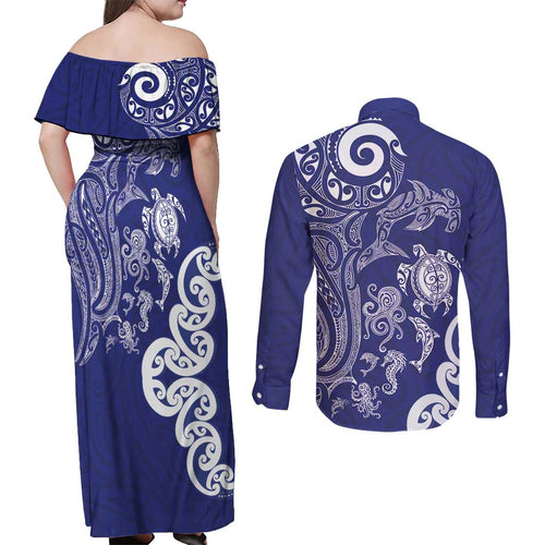 New Zealand Sea Animals with Maori Tribal Tattoo Couples Matching Off Shoulder Maxi Dress and Long Sleeve Button Shirt Blue Color