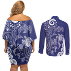 New Zealand Sea Animals with Maori Tribal Tattoo Couples Matching Off Shoulder Short Dress and Long Sleeve Button Shirt Blue Color