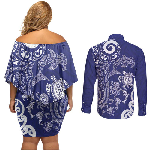 New Zealand Sea Animals with Maori Tribal Tattoo Couples Matching Off Shoulder Short Dress and Long Sleeve Button Shirt Blue Color