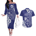 New Zealand Sea Animals with Maori Tribal Tattoo Couples Matching Off The Shoulder Long Sleeve Dress and Hawaiian Shirt Blue Color