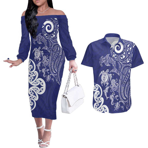 New Zealand Sea Animals with Maori Tribal Tattoo Couples Matching Off The Shoulder Long Sleeve Dress and Hawaiian Shirt Blue Color