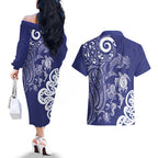 New Zealand Sea Animals with Maori Tribal Tattoo Couples Matching Off The Shoulder Long Sleeve Dress and Hawaiian Shirt Blue Color