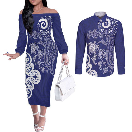 New Zealand Sea Animals with Maori Tribal Tattoo Couples Matching Off The Shoulder Long Sleeve Dress and Long Sleeve Button Shirt Blue Color