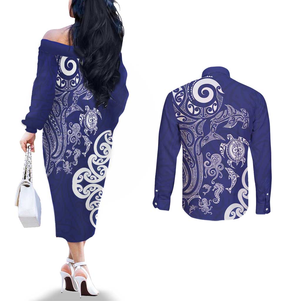 New Zealand Sea Animals with Maori Tribal Tattoo Couples Matching Off The Shoulder Long Sleeve Dress and Long Sleeve Button Shirt Blue Color