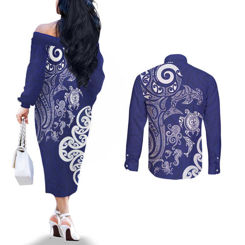 New Zealand Sea Animals with Maori Tribal Tattoo Couples Matching Off The Shoulder Long Sleeve Dress and Long Sleeve Button Shirt Blue Color