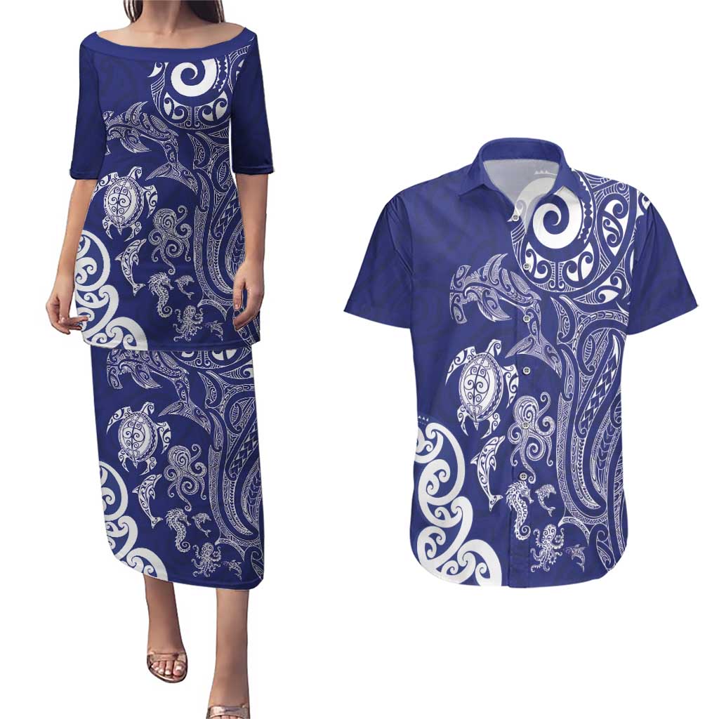 New Zealand Sea Animals with Maori Tribal Tattoo Couples Matching Puletasi and Hawaiian Shirt Blue Color