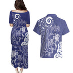 New Zealand Sea Animals with Maori Tribal Tattoo Couples Matching Puletasi and Hawaiian Shirt Blue Color