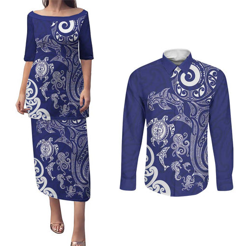New Zealand Sea Animals with Maori Tribal Tattoo Couples Matching Puletasi and Long Sleeve Button Shirt Blue Color
