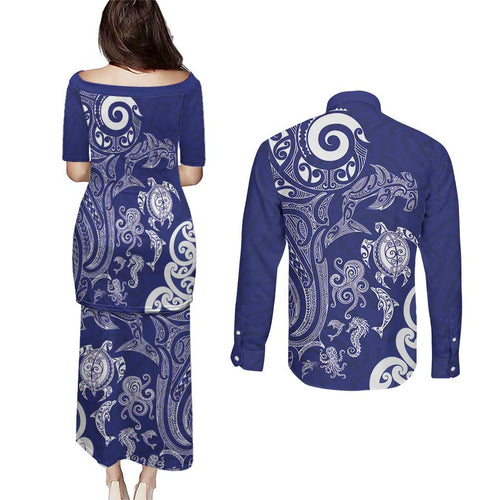 New Zealand Sea Animals with Maori Tribal Tattoo Couples Matching Puletasi and Long Sleeve Button Shirt Blue Color