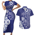 New Zealand Sea Animals with Maori Tribal Tattoo Couples Matching Short Sleeve Bodycon Dress and Hawaiian Shirt Blue Color
