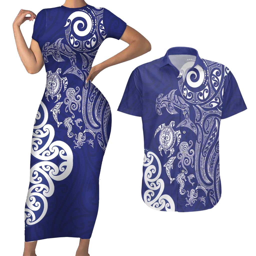 New Zealand Sea Animals with Maori Tribal Tattoo Couples Matching Short Sleeve Bodycon Dress and Hawaiian Shirt Blue Color