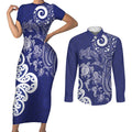 New Zealand Sea Animals with Maori Tribal Tattoo Couples Matching Short Sleeve Bodycon Dress and Long Sleeve Button Shirt Blue Color