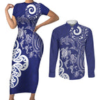 New Zealand Sea Animals with Maori Tribal Tattoo Couples Matching Short Sleeve Bodycon Dress and Long Sleeve Button Shirt Blue Color