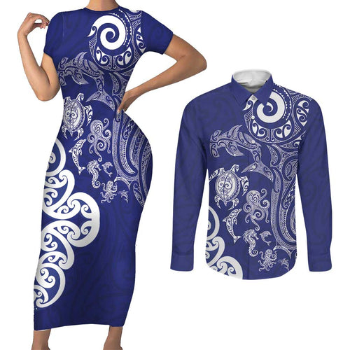New Zealand Sea Animals with Maori Tribal Tattoo Couples Matching Short Sleeve Bodycon Dress and Long Sleeve Button Shirt Blue Color