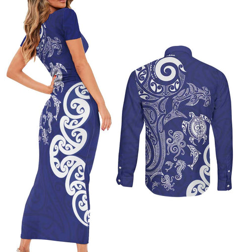 New Zealand Sea Animals with Maori Tribal Tattoo Couples Matching Short Sleeve Bodycon Dress and Long Sleeve Button Shirt Blue Color