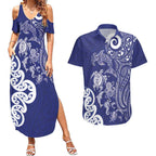 New Zealand Sea Animals with Maori Tribal Tattoo Couples Matching Summer Maxi Dress and Hawaiian Shirt Blue Color