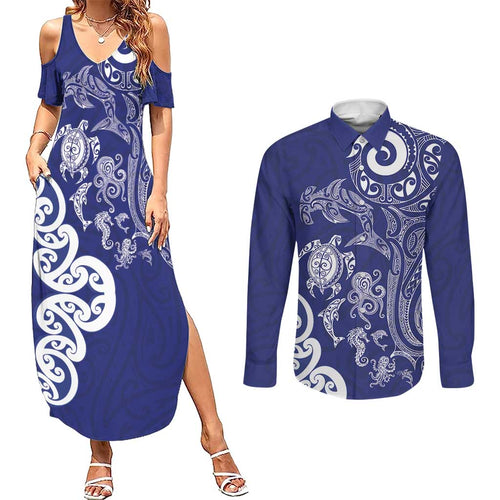 New Zealand Sea Animals with Maori Tribal Tattoo Couples Matching Summer Maxi Dress and Long Sleeve Button Shirt Blue Color