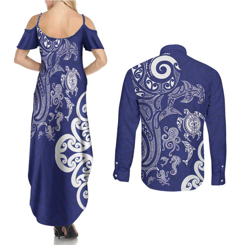 New Zealand Sea Animals with Maori Tribal Tattoo Couples Matching Summer Maxi Dress and Long Sleeve Button Shirt Blue Color