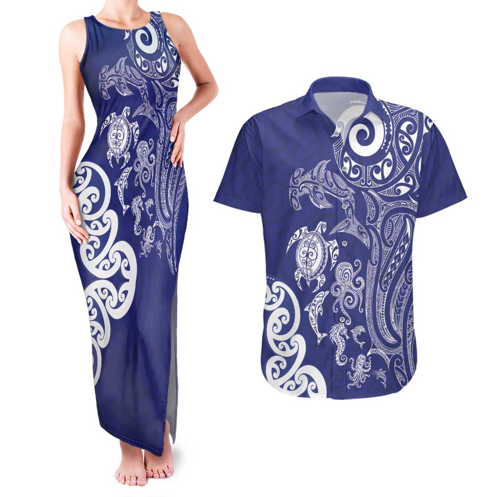 New Zealand Sea Animals with Maori Tribal Tattoo Couples Matching Tank Maxi Dress and Hawaiian Shirt Blue Color