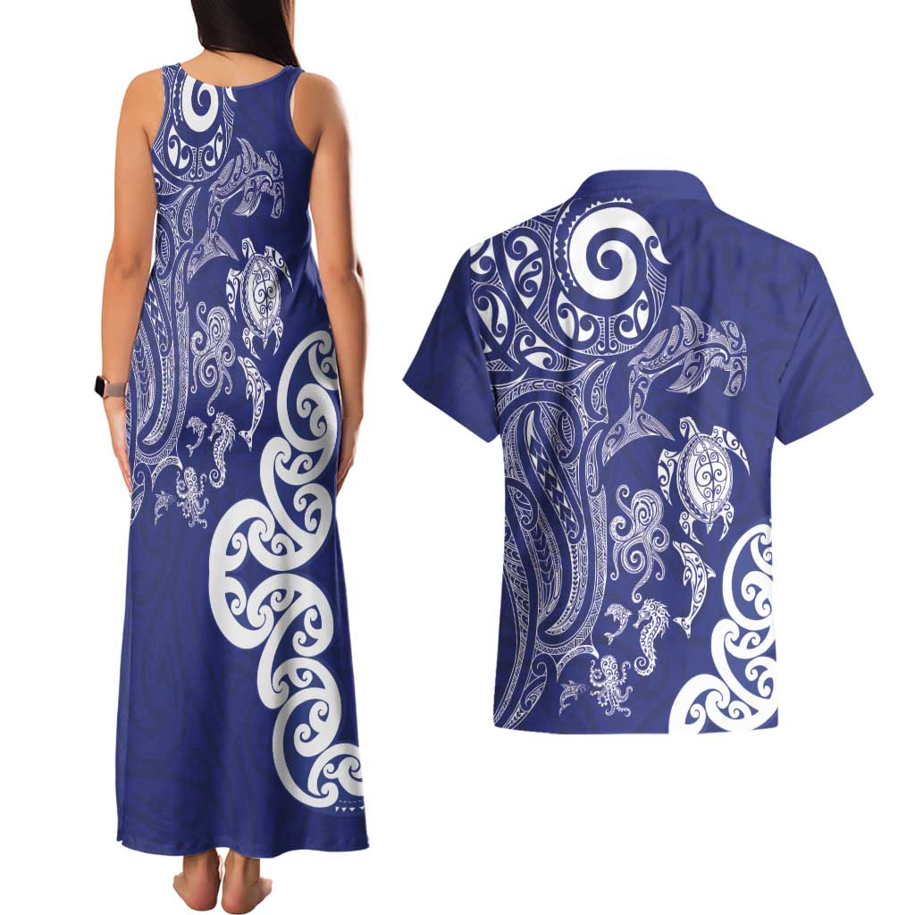 New Zealand Sea Animals with Maori Tribal Tattoo Couples Matching Tank Maxi Dress and Hawaiian Shirt Blue Color